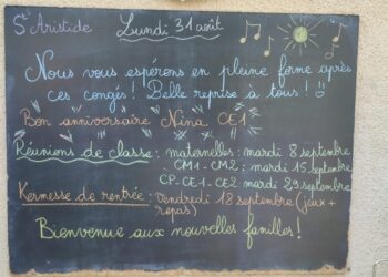 Lundi 31 août 2026 – Bonne fête Aristide ! Joyeux anniversaire Nina (CE1) ! Belle rentrée à tous !